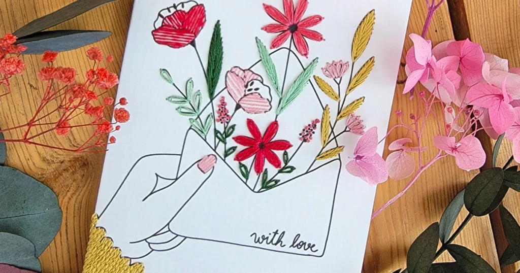 Broderie sur papier avec enveloppe fleurie à offrir